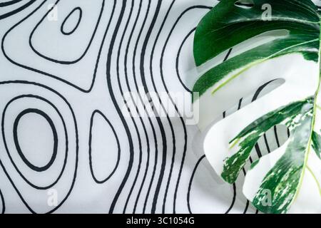 Minimalistisches weißes Textil mit organischen schwarzen Linienmustern und Monstera-Blattdekor. Ideal für Grafikdesign, Layout-Hintergründe oder beruhigende Anwendungen. Stockfoto