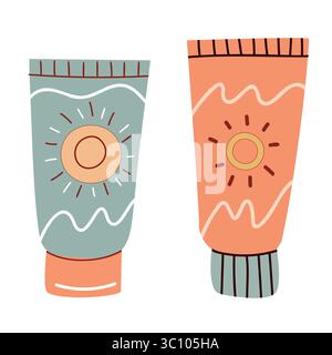 Zwei farbenfrohe Kosmetikröhrchen mit abstrakten Mustern. Das eine ist hellblau mit einem Sonnenmotiv, das andere orange mit einem ähnlichen Muster. Ideal für Stock Vektor