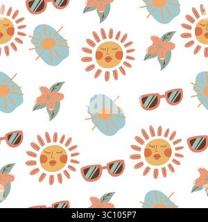 Ein farbenfrohes Muster mit Sonnenmotiven, Blumen und Sonnenbrillen auf weißem Hintergrund. Das Design ist verspielt und lebendig und ideal für Sommermotive. Stock Vektor