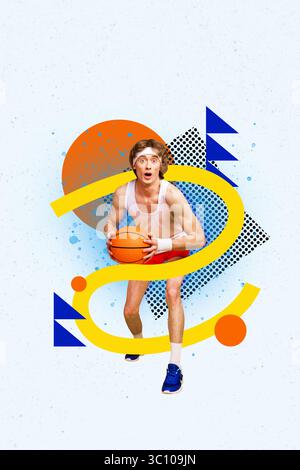 Composite Bild Trend Artwork Collage der Lebensstil Bestimmung Gesundheitswesen Sport Aktivität dynamische Fitness Hobby junger Mann spielen Basketball Stockfoto