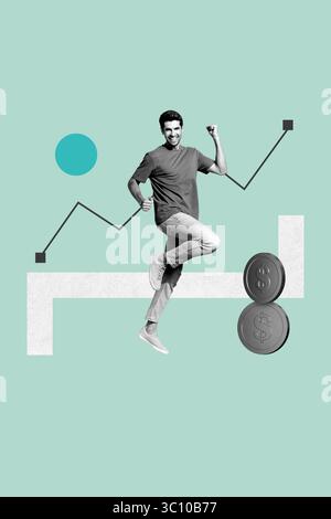 Zine kreative vertikale Fotocollage von Happy man Stand Diagramm Entwicklung Statistiken Geld Gewinn Einkommen Dollar Währung Stockfoto