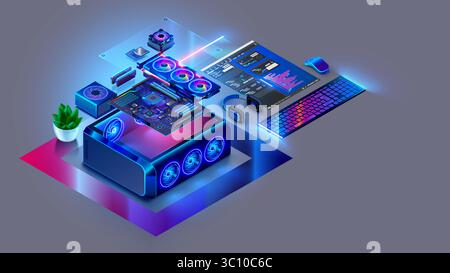 Isometrisches Konzept der Gaming-Computer-Baugruppe. Computerteile. CPU, GPU, Motherboard, Systemgehäuse, RAM-Speicher, Kühler. Kundenspezifische Montage pc Desktop Computer Stock Vektor