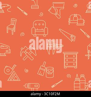 Nahtloser Hintergrund mit Zimmermannsausrüstung in Linienart. Muster für Reparaturwerkzeuge. Vektorabbildung. Stock Vektor