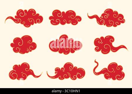 Chinesische Orientalische Wolken Himmel Ornamente Set. Rote, elegante Wolken im chinesischen Stil mit goldenem Rand. Asiatisch-japanisches traditionelles Wolkenschmuck-Set Stock Vektor