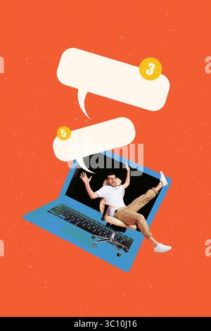 Foto Collage Vorlage Trend Artwork Composite von jungen Mann lustig Lächeln Sessel Benachrichtigung Konversationsaufkleber Zitat Nachricht Rede Stockfoto