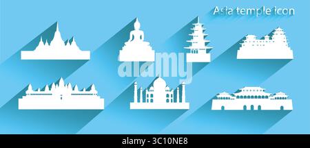 Asiatische Ikone oder Symbol mit langem Schatten, Reisebanner Taj mahal, Himeji Castle und ikonisches modernes Gebäude merlion, alles im Silhouettenstil auf blauem Hintergrund Stock Vektor