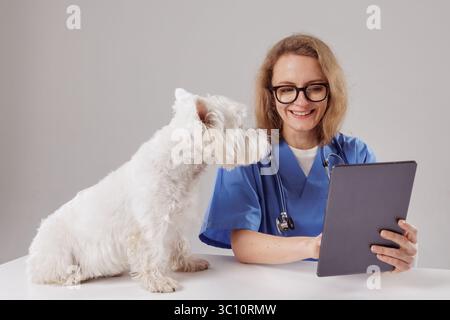 Tierärztliche Beratung mit Hund mit digitalem Tablet in der Klinik, moderne Tiermedizin und professionelle Beratung Stockfoto