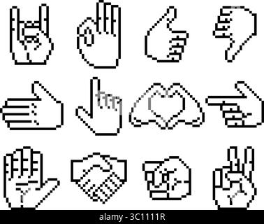 Pixelgrafik Hand Retro-Gesten Symbolsatz Stock Vektor