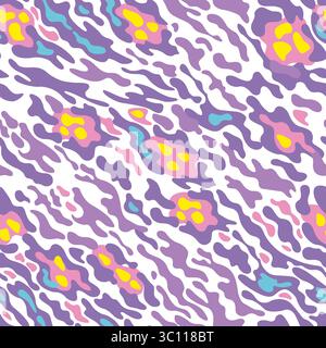 Nahtloses Muster mit fantastischem Tiermuster, Tarnmuster. Helle Streifen und Flecken in lila und rosa, gelben und blauen Punkten in zufälliger Reihenfolge auf einer Nadel Stock Vektor