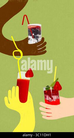 Pop-Art-Collage mit drei stilvollen Händen, die lebhafte Sommercocktails auf grünem Hintergrund halten Stockfoto
