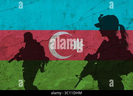 Konzeptuelles Bild des Krieges zwischen Russland und Aserbaidschan, mit Flagge und Silhouette Stockfoto