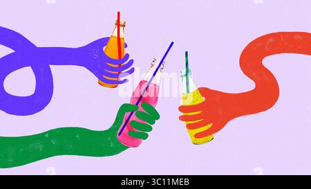 Handgezeichnete Collage von drei bunten Händen, die Fruchtalkoholhalde in Flaschen mit Strohhalmen auf lila Hintergrund zwitschern Stockfoto