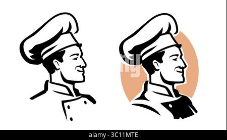 Porträt des Happy Chef Emblems. Männlicher Koch im Hut, Küchenarbeiter-Symbol. Abbildung für Restaurant- oder Café-Menü Stock Vektor
