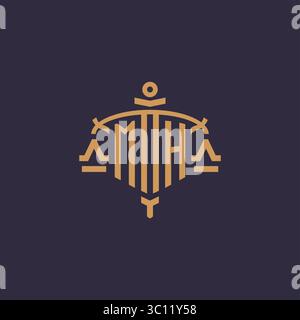 Monogramm-MH-Logo für Anwaltskanzlei mit geometrischer Skala und Vektorgrafik im Schwertstil Stock Vektor