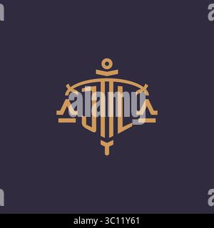 Monogramm JL-Logo für Anwaltskanzlei mit geometrischer Skala und Vektorgrafik im Schwertstil Stock Vektor