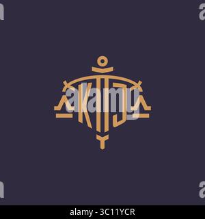 Monogramm-KJ-Logo für Anwaltskanzlei mit geometrischer Skala und Vektorgrafik im Schwertstil Stock Vektor