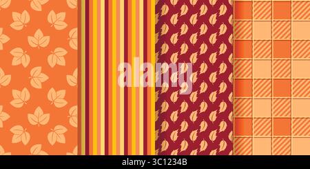 Kuscheliges, nahtloses Herbstmuster. Herbsthintergründe mit bunten Blättern, karierten Linien. Herbstmotiv Prints Kollektion für Textil, Papier, Packag Stock Vektor