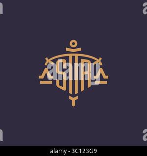 Monogramm SR-Logo für Anwaltskanzlei mit geometrischer Skala und Vektorgrafik im Schwertstil Stock Vektor