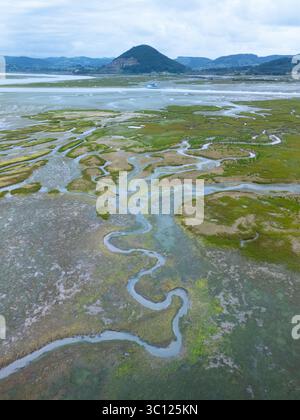 Aus der Vogelperspektive von einer Drohne auf die Ebbe-Landschaft in Santoña, in den Sümpfen des Naturparks Santoña, Victoria und Joyel Marshes. Kantabrisches Meer Stockfoto