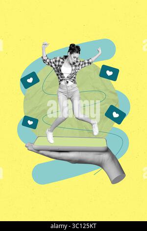 Pop-Collage von Person Jump Screen Gadget mit vielen Likes Reaktion auf gelben Hintergrund Stockfoto