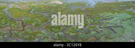 Aus der Vogelperspektive von einer Drohne auf die Ebbe-Landschaft in Santoña, in den Sümpfen des Naturparks Santoña, Victoria und Joyel Marshes. Kantabrisches Meer Stockfoto