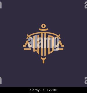 Monogramm WD-Logo für Anwaltskanzlei mit geometrischer Skala und Vektorgrafik im Schwertstil Stock Vektor