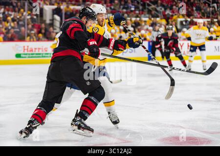 Carolina Hurricanes verließ Warren Foegele (13) während des NHL-Spiels zwischen den Nashville Predators und den Carolina Hurricanes am 13. Januar 2019 in der PNC Arena in Raleigh, NC. Jacob Kupferman/CSM(Kreditbild: &Copy; Jacob Kupferman/CSM via ZUMA Wire) Stockfoto