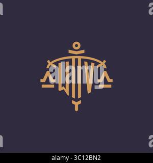 Monogramm WV-Logo für Anwaltskanzlei mit geometrischer Skala und Vektorgrafik im Schwertstil Stock Vektor