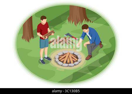 Eine isometrische Illustration von zwei Menschen, die gemeinsam ein Lagerfeuer anfangen, Holz sammeln und die Flammen pflegen, was die Teamarbeit im Freien symbolisiert Stock Vektor