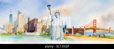 Reisen Sie durch Manhattan, Freiheitsstatue, Golden Gate Bridge in den USA. Berühmte Wahrzeichen der Welt. Aquarellmalerei Stadtlandschaft, Architektur und Business. Stock Vektor