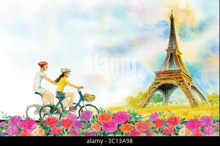 Reisen Sie durch Paris europäische Stadtlandschaft und Frankreich eiffelturm und Paar lieben Radtourismus im Rosengarten, moderne Kunst, Aquarellmalerei Illustra Stock Vektor