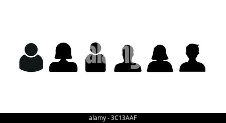 Anonyme schwarze Avatare-Sammlung. Set aus männlichen und weiblichen Silhouetten. Symbol für Benutzerprofil Stock Vektor