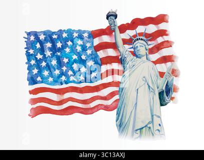 Statue Liberty auf amerikanischer Flagge. Handgezeichnet auf weißem Hintergrund. Aquarellgemälde von Symbolen berühmter Wahrzeichen der Welt, Geschäftsstadt, handgemalt Stock Vektor