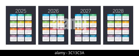 Buntes USA-Kalenderset, Planer für das Jahr 2025 2026 2027 2028, dunkler Hintergrund in englischer Sprache Stock Vektor