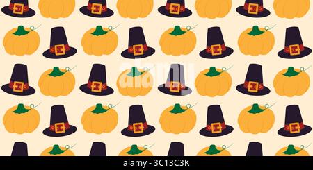 Pilgrim hat Fried truthahn und Kürbisse nahtlose Muster Banner Format Thanksgiving Gruß Hintergrund. Isolierte Vektor-Illustration Gruß Thematische Karten Hintergrund Banner, Broschüren, Etiketten, Preis-Tag Stock Vektor