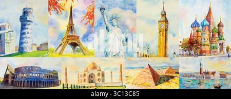 Reisen Sie um die Welt und Sehenswürdigkeiten. Berühmte Wahrzeichen der Welt gruppiert. Aquarell handgezeichnete Malerei Illustration auf Papier mit Tourismus, Stock Vektor