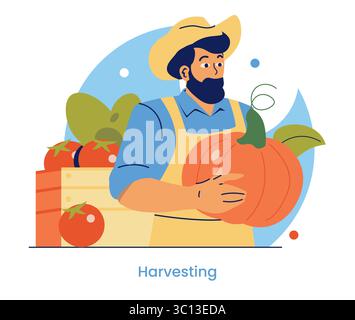 Vektor-Illustration eines lächelnden Landwirts in einem Hut und einer Schürze, der einen großen Kürbis mit frischem Gemüse im Hintergrund hält und eine Ernteszene mit hellen Farben darstellt. Stock Vektor