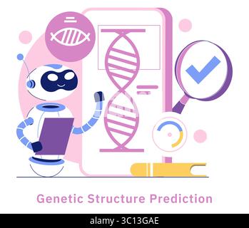 KI in der Medizin verbessert die Vorhersage genetischer Strukturen durch innovative Technologien. Ein Roboter analysiert DNA-Muster und demonstriert die Integration künstlicher Intelligenz in die Fortschritte im Gesundheitswesen. Stock Vektor