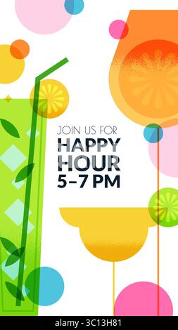 Farbenfrohes vertikales Banner mit tropischen Sommercocktails und abstrakten Formen. Vektorabbildung. Hintergrund für Social Media Story, mobile App, Party Stock Vektor