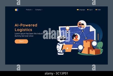 Zukunftskonzept. Der KI-Logistikroboter koordiniert die Paketzustellung auf einer digitalen Karte mit Routensymbolen, Paketen und Profilavatar und zeigt den modernen Transport und die intelligente Lieferkette. Vektorabbildung. Stock Vektor