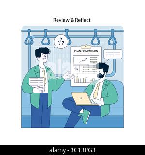 Vektor-Illustration von zwei Männern, die einen Geschäftsplan-Vergleich diskutieren. Einer steht mit Papieren, während der andere mit einem Laptop sitzt, was eine engagierte Interaktion im Büro zeigt. Stock Vektor