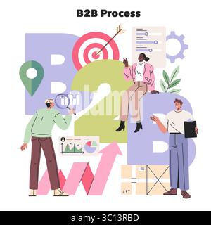 Vektor-Illustration eines B2B-Prozesses mit verschiedenen Kollegen, die an der Datenanalyse beteiligt sind, sowie Teamwork- und Wachstumskonzepten. Umfasst Diagramme und Dokumente als visuelle Elemente. Stock Vektor
