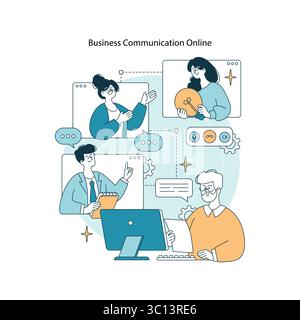 Vektor-Illustration verschiedener Personen, die sich mit Online-Geschäftskommunikation beschäftigen und über digitale Schnittstellen interagieren, mit Ausdrücken von Zusammenarbeit und Fokus. Stock Vektor
