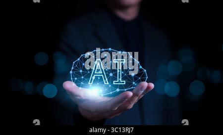 KI, Konzept der künstlichen Intelligenz. Virtuelle künstliche Intelligenz Gehirnverbindung in den Händen des Geschäftsmannes. Internet der Dinge, iot, Nutzung von KI Stockfoto