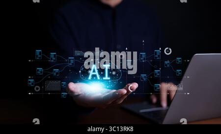 KI, Künstliche Intelligenz. Virtuelle künstliche Intelligenz Gehirnverbindung in den Händen des Geschäftsmannes. Analyse komplexer Big Data, Analyse Stockfoto