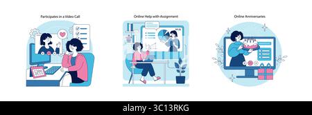Vektor-Illustration mit drei Szenen: Eine Person in einem Videoanruf mit enthusiastischen Ausdrücken, eine andere erhält Online-Hilfe für eine Aufgabe und eine fröhliche Online-Jubiläumsfeier. Stock Vektor