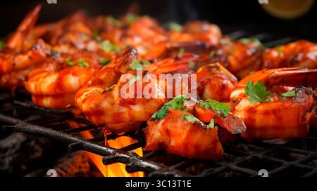 Garnelen auf Holzkohlegrill gegrillt. Glasierte Garnelen mit Gewürzen auf dem Grill, Gartengrill Stockfoto