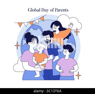 Vektor-Illustration einer fröhlichen Familie, die den globalen Tag der Eltern feiert. Zeigt glückliche Eltern und Kinder mit liebevollem Ausdruck vor einem Globus-Hintergrund mit festlicher Dekoration. Stock Vektor