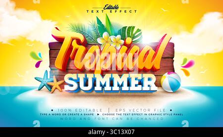 Tropischer Sommer 3D Texteffekt Design bearbeitbarer und skalierbarer Vektor-Grafikeffekt mit Strandurlaub-Elementen und tropischen Palmblättern auf Blau Stock Vektor