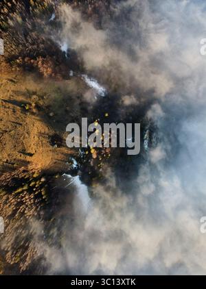 Aus der Vogelperspektive der nebelbedeckten Landschaft, in der das Sonnenlicht durch Wolken eindringt und eine Mischung aus Land und dichtem Wald offenbart. Schatten von Bäumen und Nebel erzeugen ein dramatisches Zusammenspiel von Licht und Dunkelheit. Stockfoto